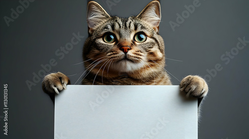 Cute Cat Holds Blank Sign, ...