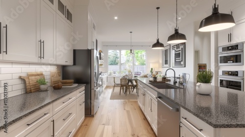 A modern kitchen with white cabinetry, soapstone countertops photo