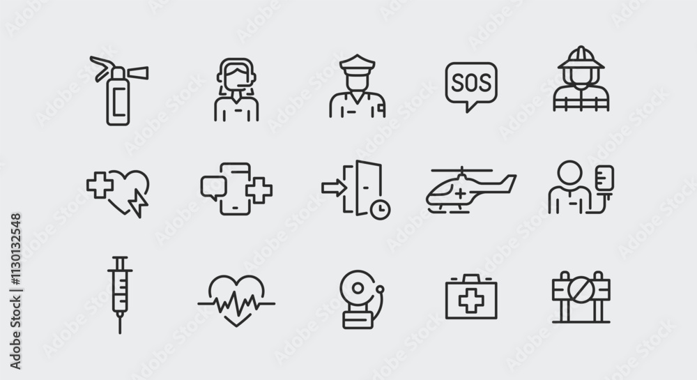 Fototapeta premium Emergency Services icons. Set of 15 modern minimalist icons dedicated to various emergency situations and responses. Includes symbols for first responders and safety equipment. Vector illustration.