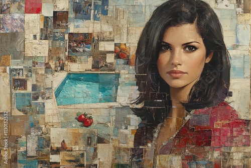 A beautiful young woman of Hispanic descent poses thoughtfully against a colorful collage featuring a swimming pool and tomatoes. photo