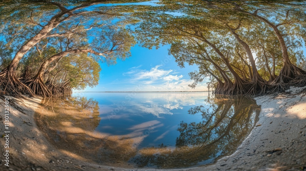 Obraz premium A wide-angle view of the mangrove forest at low tide, with its intricate roots system in full view. Reflection of trees in the water background wallpaper AI generated image