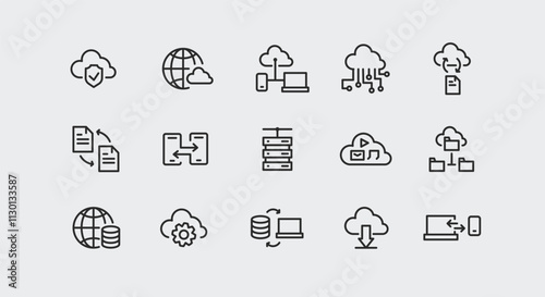 Set of 15 Cloud Computing icons. Cloud computing trendy minimal icons. Examples: Global Network, Database Security, File Synchronization, Cloud Analytics, Virtual Server. Vector illustration.