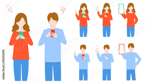 Set of illustrations of young men and women operating smartphones.