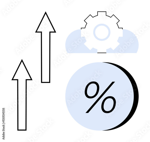 Gear above cloud with two upward arrows and large percentage symbol. Ideal for business strategies, data analysis, financial growth, productivity, success metrics, investments, marketing campaigns