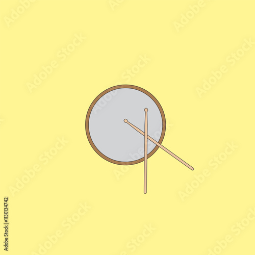 Drum and wooden drum sticks vector illustration isolated on yellow background