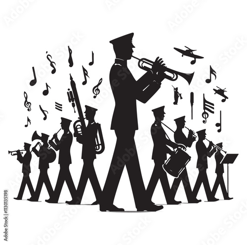 Marching band playing instruments Silhouette vector illustration