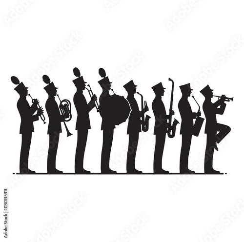 Marching band playing instruments Silhouette vector illustration