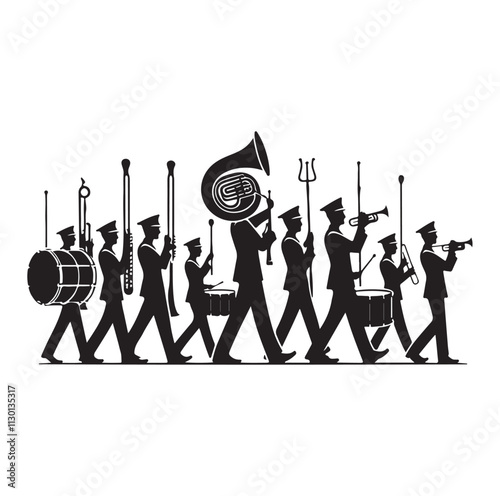 Marching band playing instruments Silhouette vector illustration