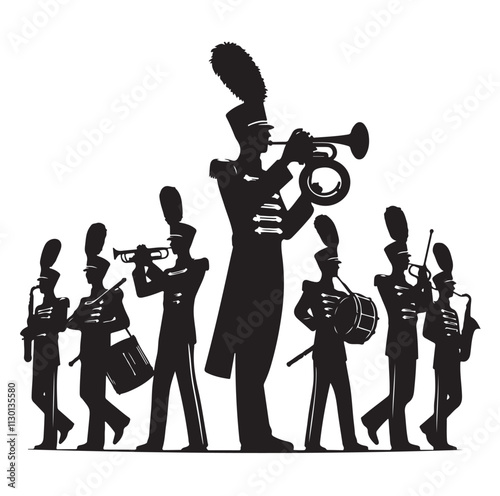 Marching band playing instruments Silhouette vector illustration