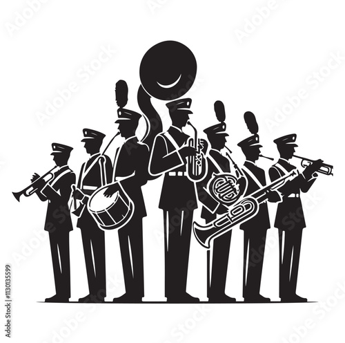 Marching band playing instruments Silhouette vector illustration