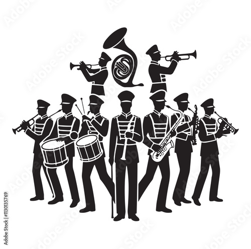 Marching band playing instruments Silhouette vector illustration