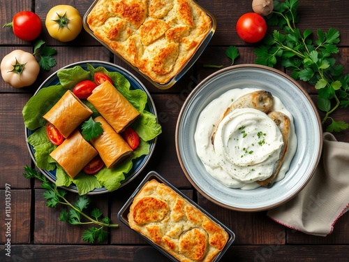 Selection of traditional Greek food including salad, meze, pie, fish, tzatziki, and dolma arranged on a wooden background in a top view perspective, fish, Greek photo