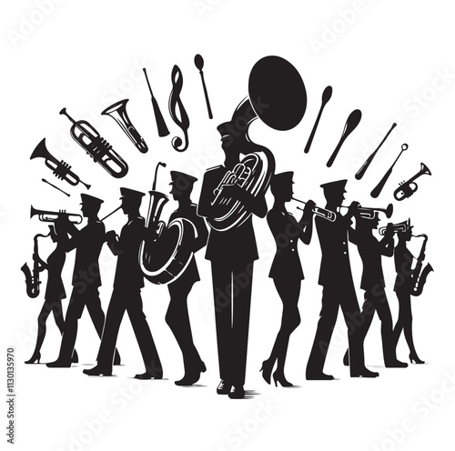 Marching band playing instruments Silhouette vector illustration