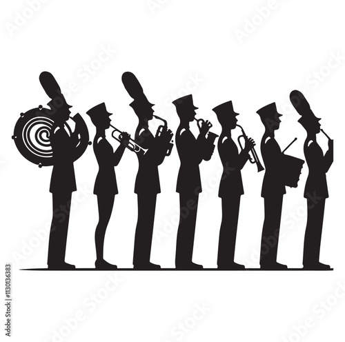 Marching band playing instruments Silhouette vector illustration