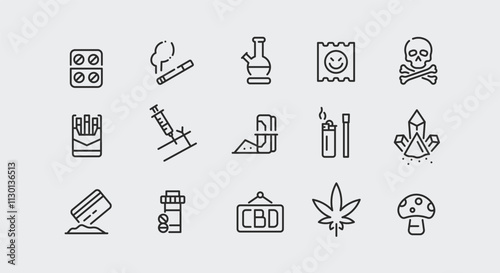 Pharmaceuticals and Drugs icons. Set of 15 minimalist icons related to medical and recreational substances. Includes representations for various drugs and treatments. Vector illustration.