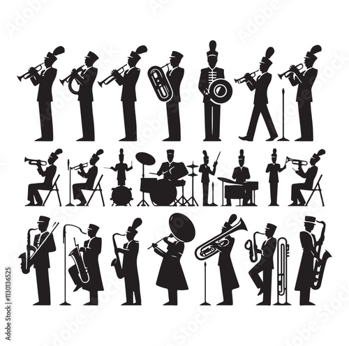 Marching band playing instruments Silhouette vector illustration