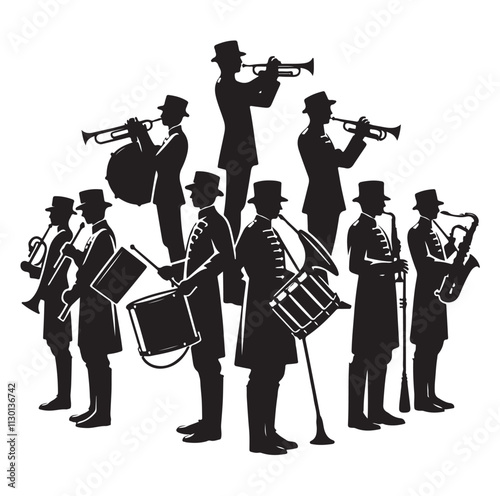 Marching band playing instruments Silhouette vector illustration