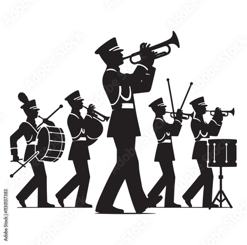 Marching band playing instruments Silhouette vector illustration