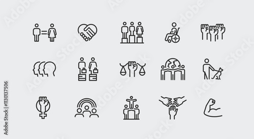 Equality icons. Set of 15 Equality trendy minimal icons representing diverse social issues, including gender equality, accessibility, unity. Design signs for web page, mobile app. Vector illustration