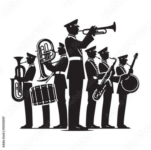 Marching band playing instruments Silhouette vector illustration