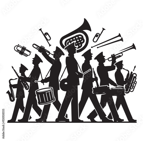Marching band playing instruments Silhouette vector illustration