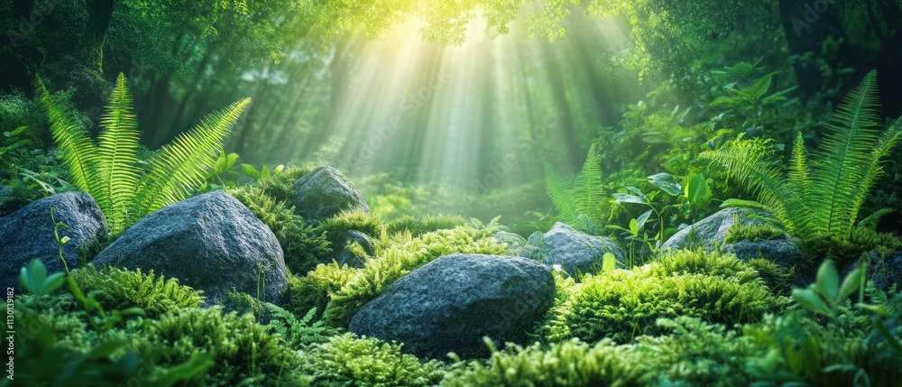 Fototapeta premium Sunny forest scene with bright green grass growing between large mossy rocks background wallpaper AI generated image