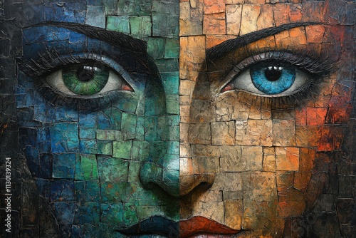 A striking artwork featuring a split face with vivid green and blue eyes, blending serene and fiery colors, evoking deep emotions. photo