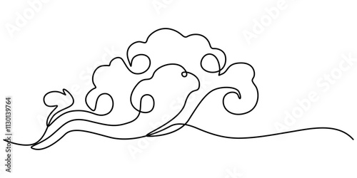 Clouds one continuous line drawing, Continuous one line drawing of cumulus cloud. Cloud in the sky single line vector illustration, Vector illustration drawn with one continuous line of clouds.