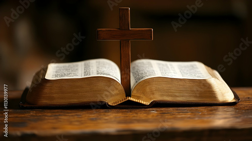 Holy Bible Open with Cross,...