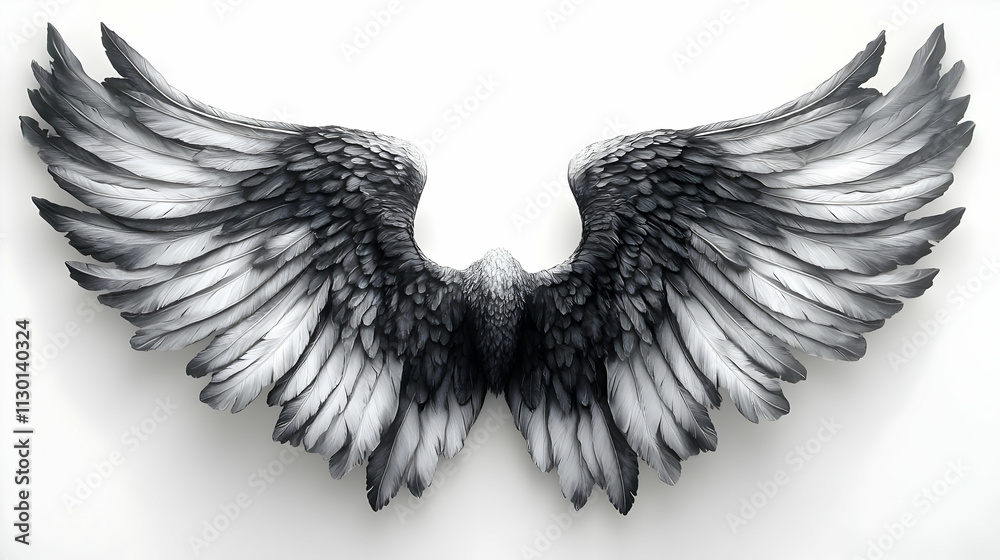 Obraz premium Majestic Wings: Gray Feather Detail, Avian Flight, Symbolic Freedom, Art, Sculpture, Dreamlike, Powerful, Black and White, Fantasy, Graceful, Elegant, Gothic