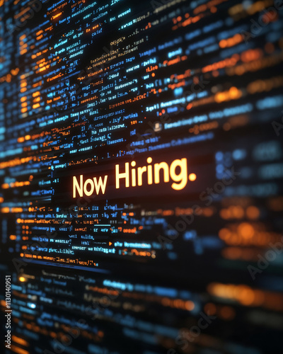 Now Hiring glowing text on colorful programming code background, tech recruitment and job application focus