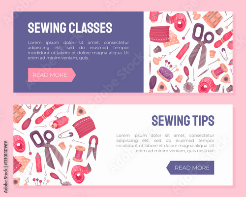 Sewing Tools Banner Design with Handcraft Equipment Vector Template