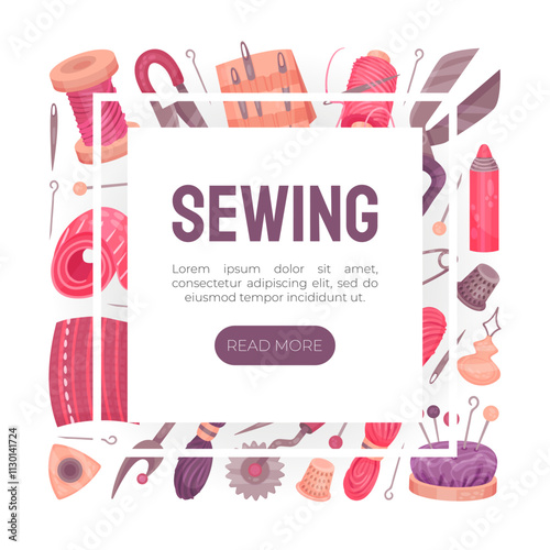 Sewing Tools Banner Design with Handcraft Equipment Vector Template