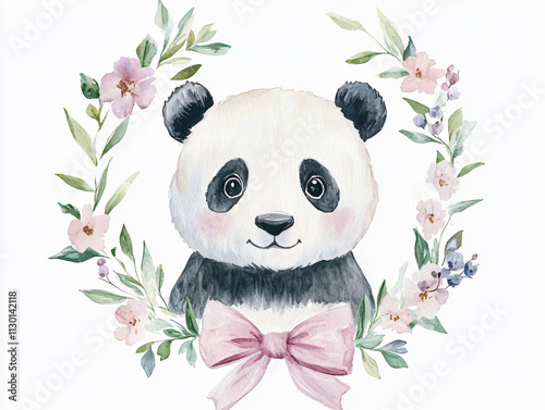 Adorable Christmas panda portrait pink bow festive wreath whimsical charm holiday spirit cheerful artistic seasonal illustration cute bear chinese clipart holly berry nursey room decor girl party photo