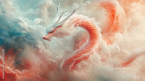 Majestic mythical dragon amidst swirling clouds. photo