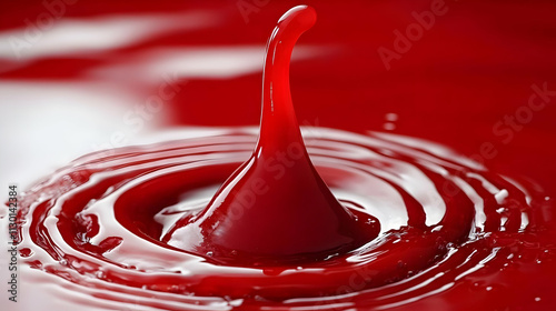 Red Liquid Drop Creates Vibrant Ripples, Abstract Art of Color and Motion