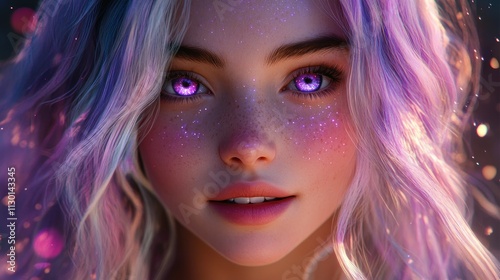 Close-up portrait of a young woman with vibrant purple hair and glowing purple eyes, featuring a soft, ethereal lighting effect and subtle freckles. photo