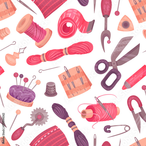 Sewing Tools Seamless Pattern Design with Handcraft Equipment Vector Template