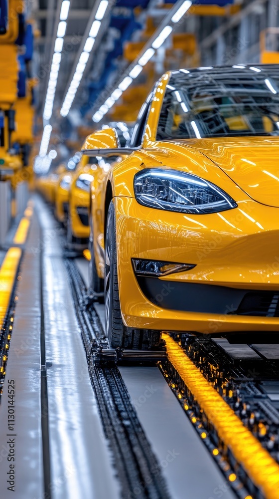 Obraz premium Yellow Sports Cars on Assembly Line in Modern Automotive Factory with Bright Lighting and High-Tech Machinery