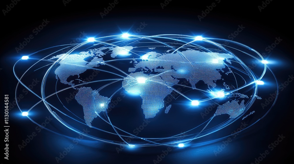 Obraz premium Global Network: Illuminated World Map with Interconnected Data Streams