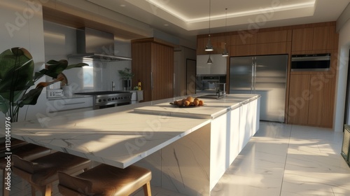 A sleek kitchen featuring white cabinets, quartz countertops
