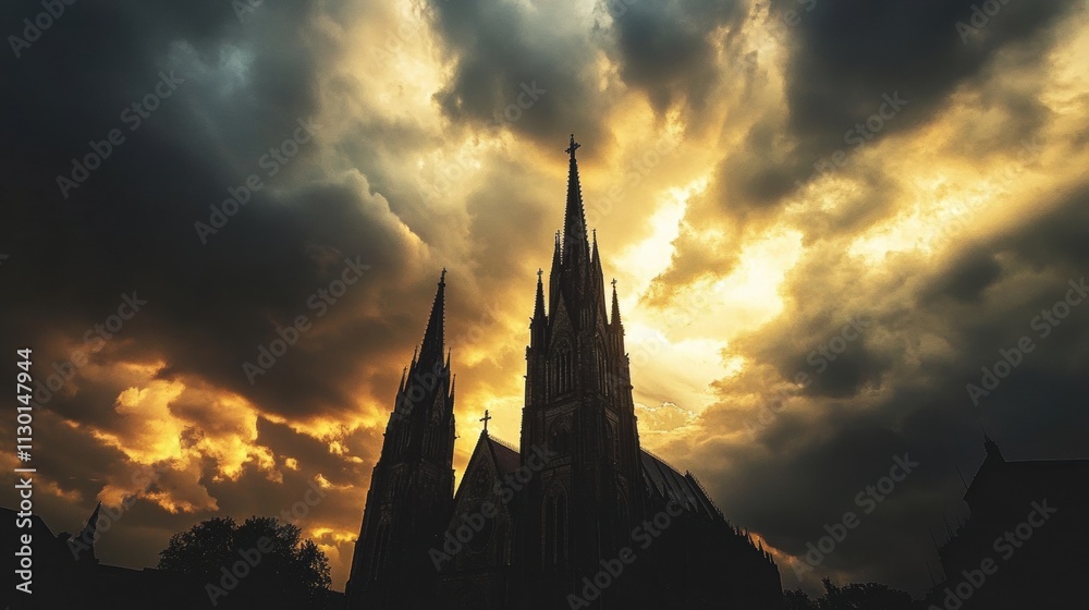 Fototapeta premium A Gothic cathedral towering spires silhouetted against a dramatic stormy sky