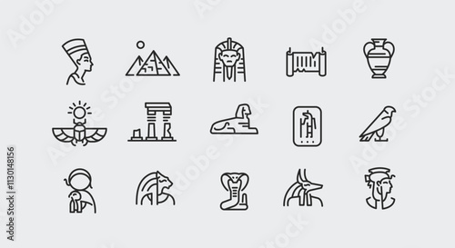 Ancient Egypt icons. Set of 15 trendy icons with key elements of ancient Egyptian culture and mythology such as Sphinx, Pyramids, Pharaoh. Design signs for mobile app. Vector illustration 