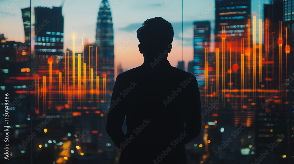 Abstract business man stands on the peak of success amid tall, innovative Smart city and graphs with statistics to analyze business potential and predict future developments in company growth. Abstract business man stands on the peak of success amid tall, innovative Smart city and graphs with statistics to analyze business potential and predict future developments in company growth.