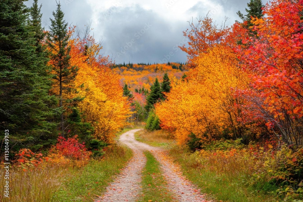 Naklejka premium Autumnal Road Through Vibrant Foliage