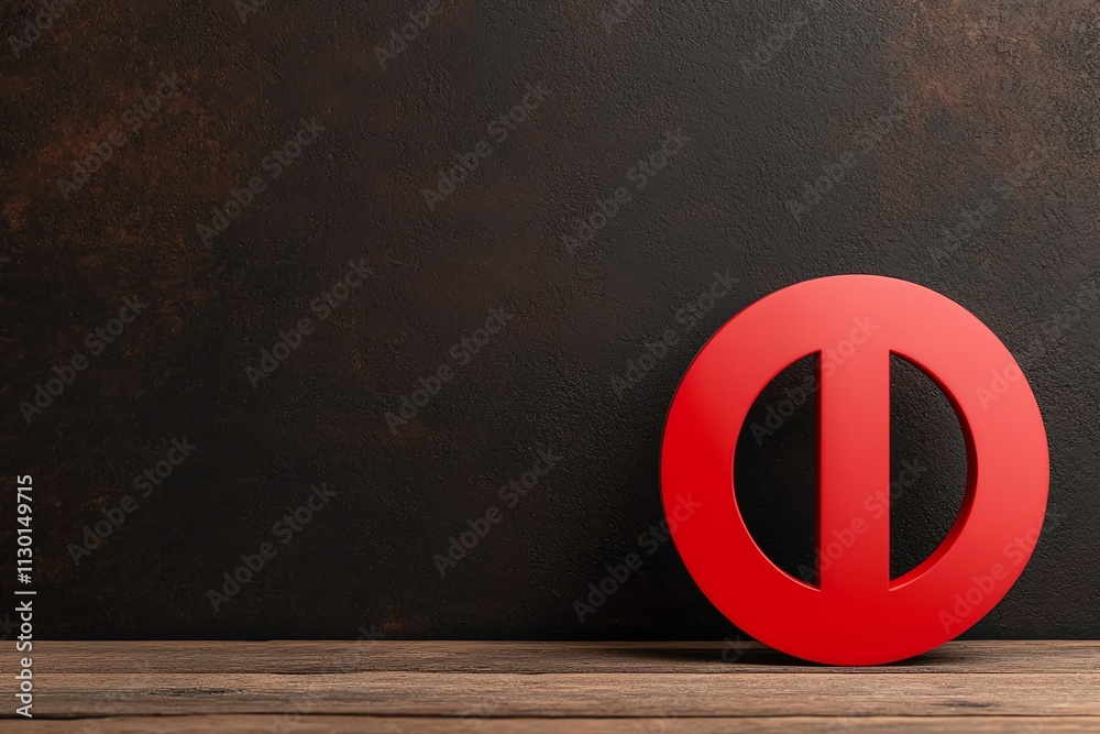 Fototapeta premium A bold red symbol rests on a wooden surface against a dark background, creating a striking visual contrast.