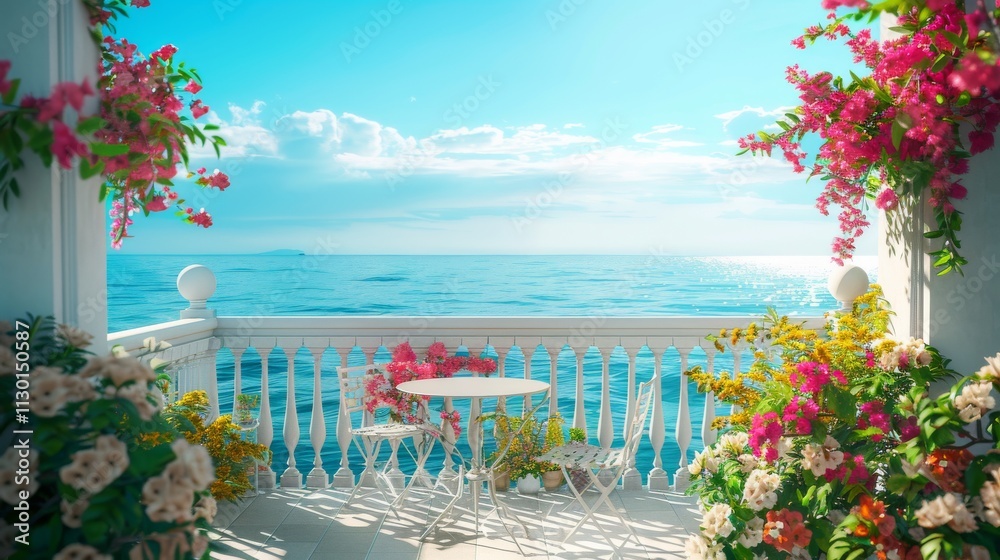 Fototapeta premium Ultra detailed balcony facing the ocean, featuring a dining table