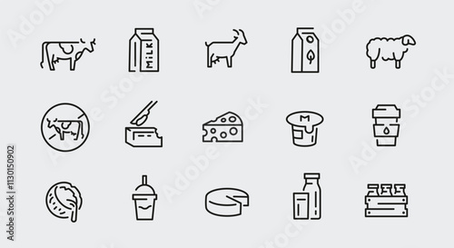 Dairy icons. Set of 15 dairy trendy minimal icons. Cow, Milk Carton, Cheese, Milk Bottle, Yogurt, Cream, Goat, Milkshake . Design signs for web page, mobile app, packaging design. Vector illustration
