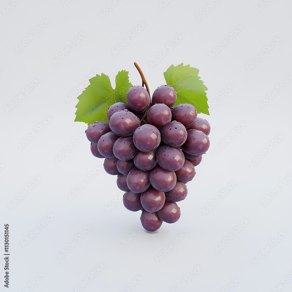 Fototapeta premium A cluster of realistic purple grapes with green leaves, showcasing a fresh and vibrant appearance against a simple background.