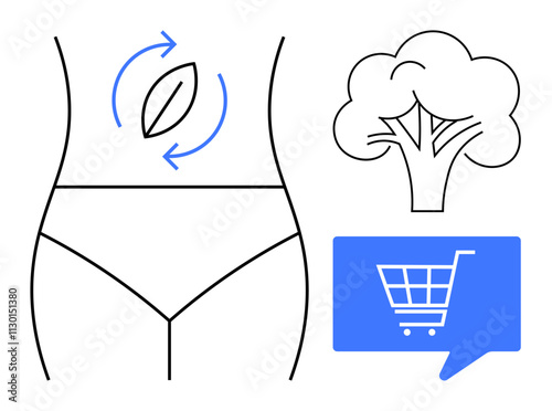 Womans midsection with arrows around leaf symbolizing digestion, broccoli representing healthy eating, and shopping cart within speech bubble. Ideal for nutrition, wellness, healthcare, fitness